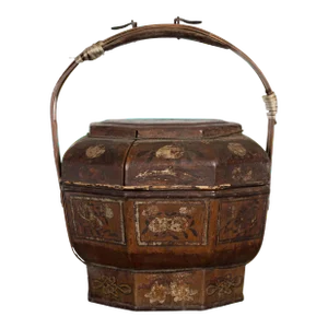 Chinese Antique Lacquered Gift Delivering Basket with Hand Painted Floral Décor