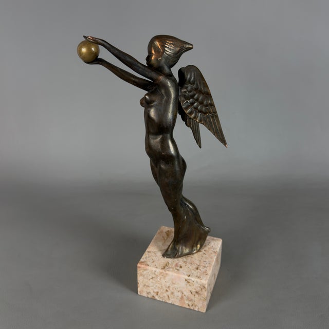 20th Century Nude Goddess Nike Winged Victory Sculpture in Bronze with Marble Base For Sale - Image 3 of 8