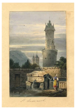 After Samuel Prout, Round Tower, Andernach Miniature, 1830s, Watercolour