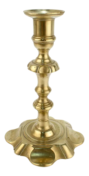 Antique 18th Century George II English Brass Petal Base Single Candlestick