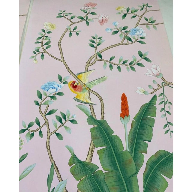 Hand-Painted Pink Chinoiserie Wallpaper, Set of 3 Panels No Frame For Sale - Image 4 of 7