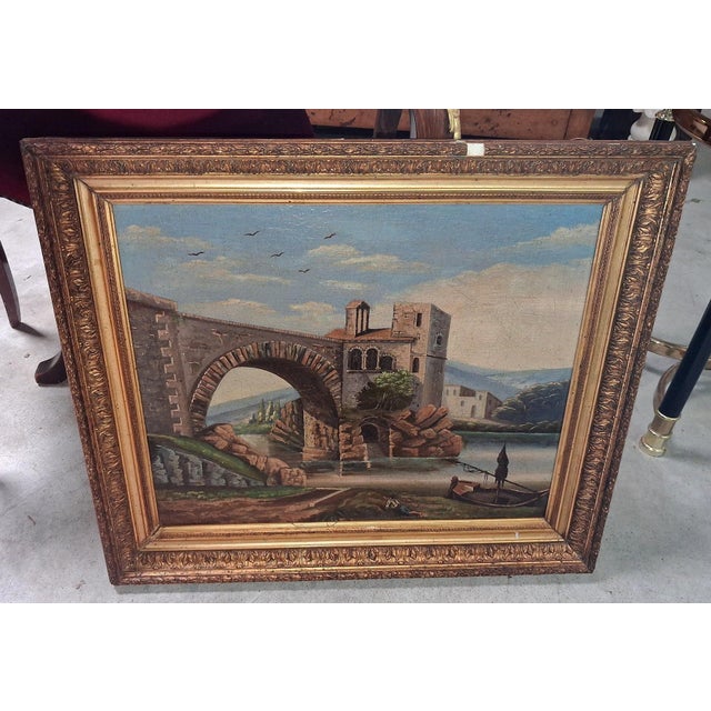 H. Nicolini, Lively Landscape with Stone Bridge, 19th Century, Oil Painting on Canvas For Sale - Image 5 of 6
