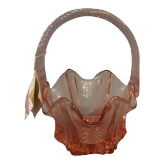 Vintage 1990’s American Fenton Pink Glass Basket by Butch Wright With Original Tag For Sale