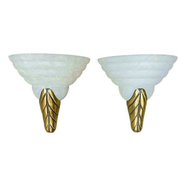 Art Deco Alabaster and Brass Leaf Sconces, 1970s, Set of 2 For Sale