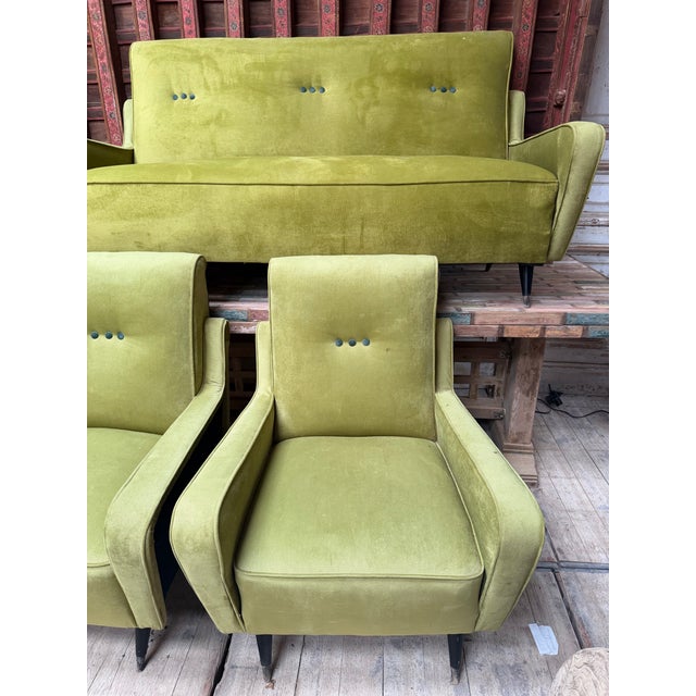 Textile 1950s Set Chartreuse and Emerald Mid Century Settee and Arm Chairs For Sale - Image 7 of 9