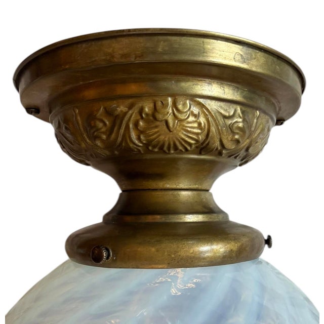 Antique Large Phoenix Glass Ceiling Globe Light With Embossed Brass Mount For Sale - Image 4 of 5