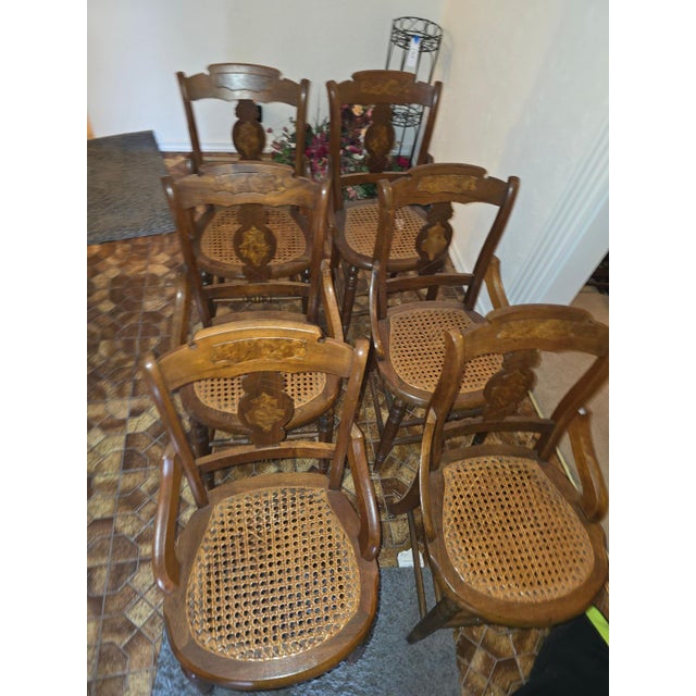 Mid 20th Century Set of 6 Vintage Cane Seat Dining Chairs — Handwoven Cane, Wooden Dining Seating For Sale - Image 5 of 5