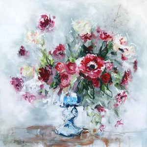 "Rosie Red" Contemporary Abstract Floral Still Life Mixed-Media Painting by Kellie Newsome
