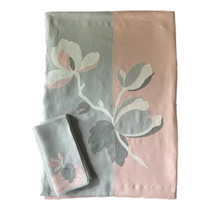 Vintage Grey and Pink Appliquéd Tablecloth and Napkins, Set/9