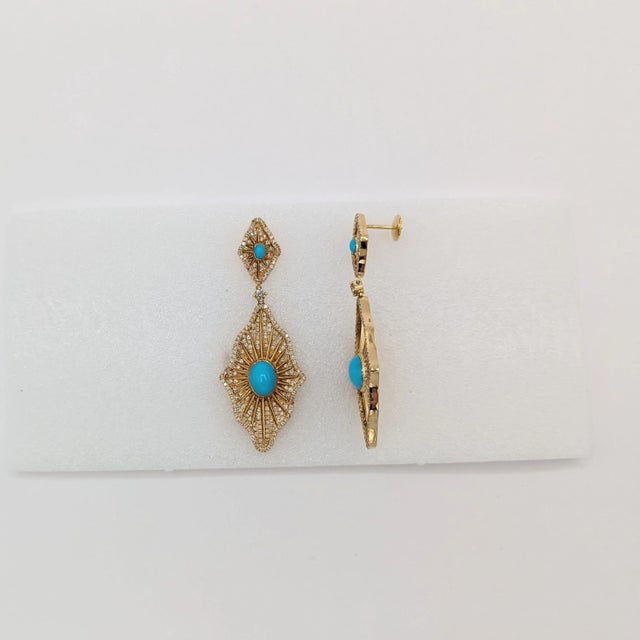 Turquoise Cabochon and White Diamond Dangle Earrings in 18K Yellow Gold - A Pair For Sale - Image 4 of 5