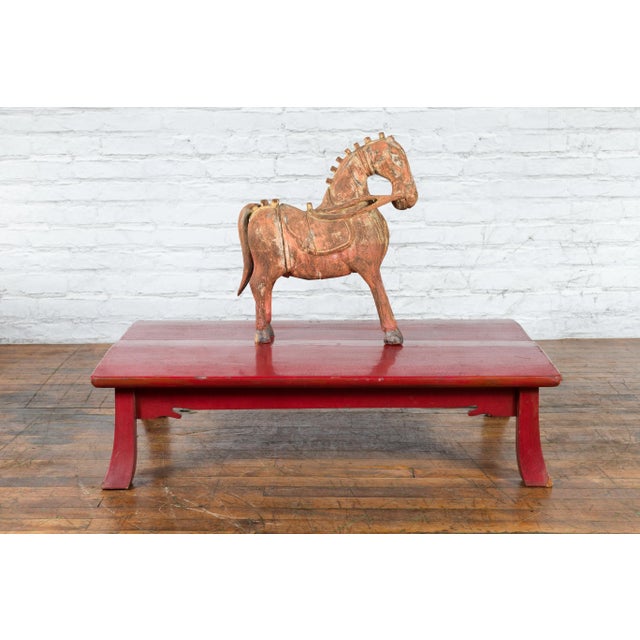 Red Early 20th Century Japanese Taishō Red Lacquer Coffee Table with Carved Apron For Sale - Image 8 of 13