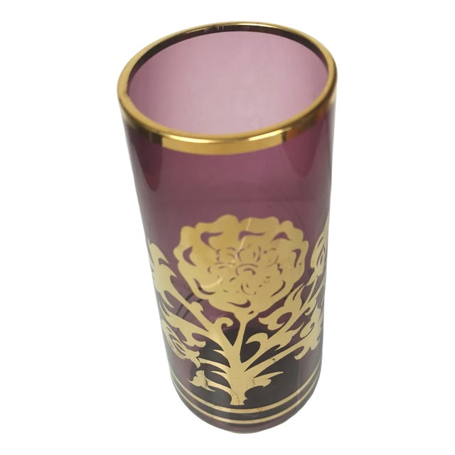 Hollywood Regency Glass Vase with Golden Decorations, 1960s For Sale