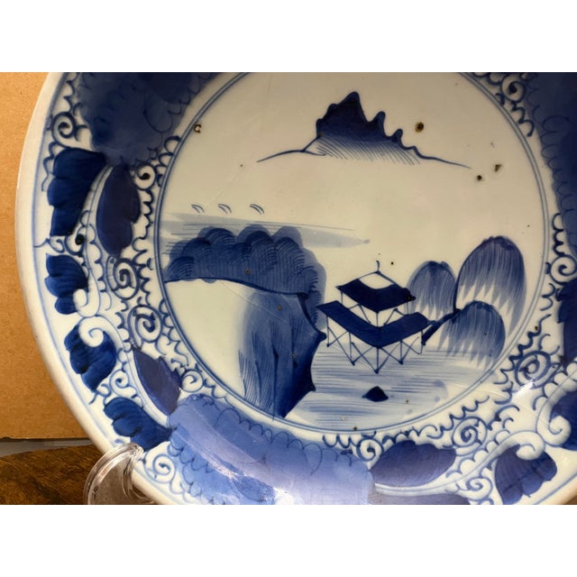 19th Century Late Edo Japanese Arita Blue & White Porcelain Charger, Hand-Painted Landscape, Circa 1820–1850 For Sale - Image 5 of 12