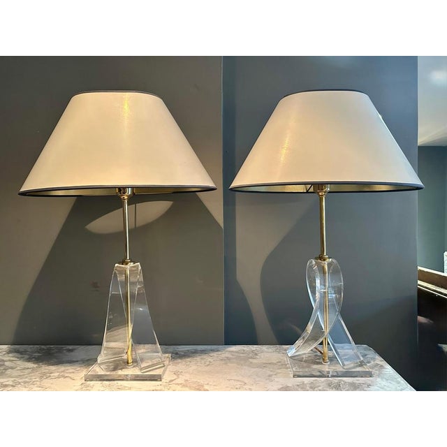 French Acrylic Glass and Brass Table Lamps, Set of 2 For Sale - Image 11 of 13