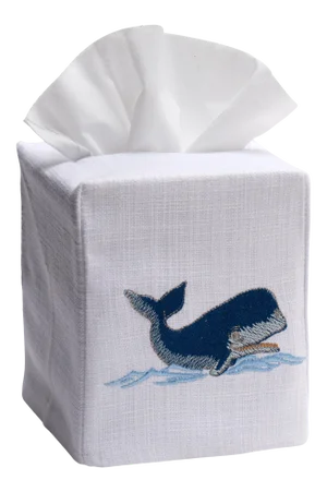 Navy Nantucket Whale Tissue Box Cover White Linen & Cotton, Embroidered