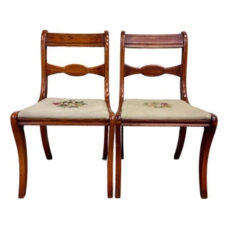 Antique Regency / Duncan Phyfe Style Floral Needlepoint Dining Chairs - Pair For Sale