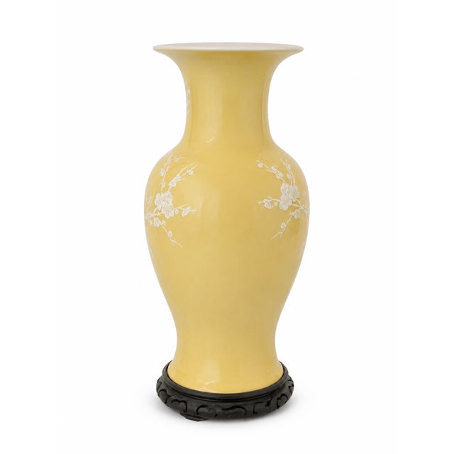 Chinese Chinese Yellow Porcelain Vase With White Prunus & Bird Motif on Carved Wood Stand For Sale - Image 3 of 6