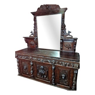 Antique 19th Century Victorian Carved Oak Mirror-Back Sideboard For Sale