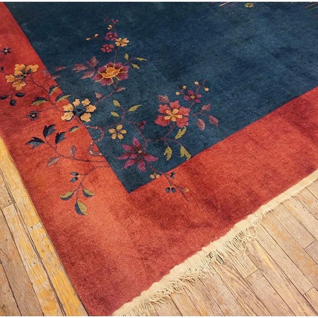 Art Deco Blue Open Field Antique 1920s Walter Nichols Wool Chinese Art Deco Carpet Rug For Sale - Image 3 of 10