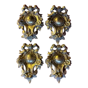 Antique 19th Century French Belle Epoque Heavy Gilt Bronze Drapery Curtain Tie Backs With Roses and Bows - Set of 4
