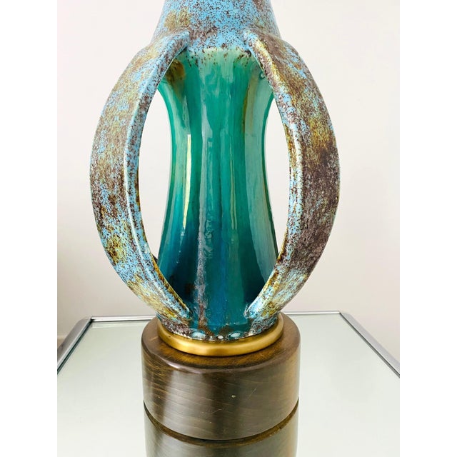 1960's Turquoise Blue Stoneware Pottery Lamp With Brutalist Form, Denmark For Sale In Miami - Image 6 of 13