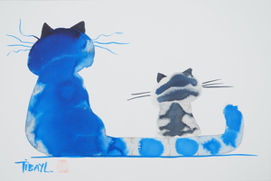Laszlo Tibay, Maman chat et son petit, Ink & Wash Drawing