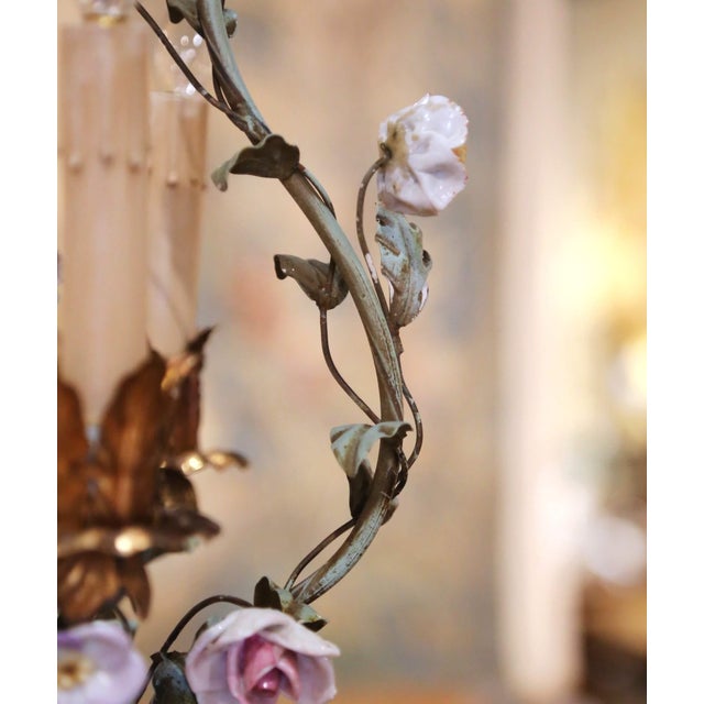 Early 20th Century French Three-Light Tole Chandelier With Porcelain Flowers For Sale - Image 9 of 11