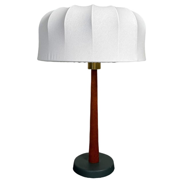 Mid-Century Teak and Cotton Table Lamp attributed to Einar Bäckström, Sweden, 1950s For Sale