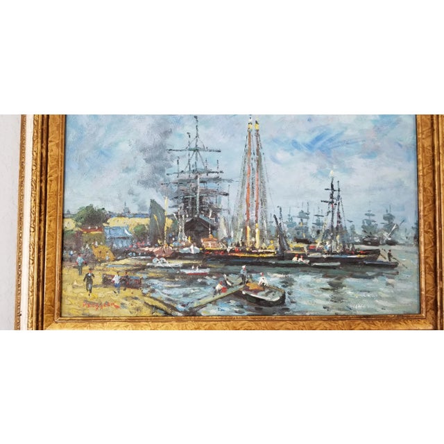 Blue David Kessler Harbor Scene Seascape Oil on Canvas Painting For Sale - Image 8 of 11