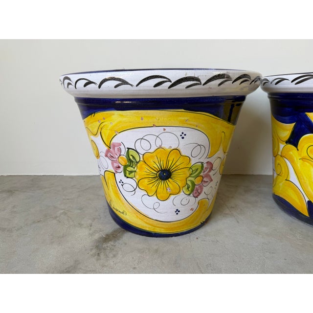 Ceramic Vintage Italian Tuscan Hand-Painted Terracotta Glazed Planters – A Pair For Sale - Image 7 of 12