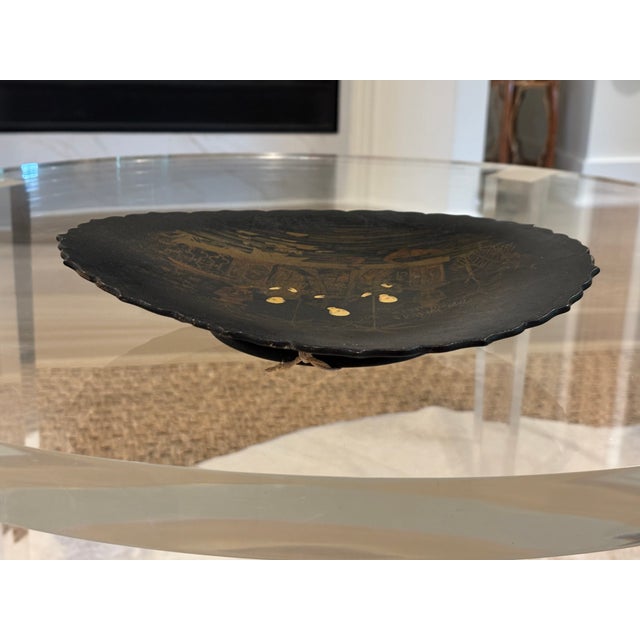 Antique English Chinoiserie Black Papier-Maché Scalloped Edge Pedestal Dish / Decorative Wall Plate For Sale - Image 12 of 17