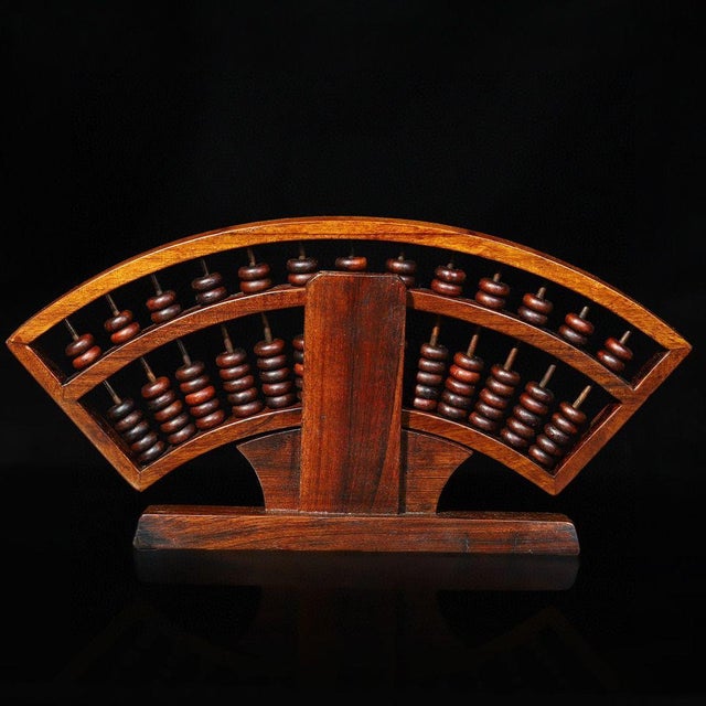Brown 1970s Handcrafted Rosewood Fan-Shaped Abacus - Chinese Wooden Calculator With Stand For Sale - Image 8 of 9