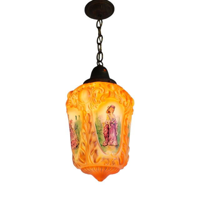 Antique French Renaissance Hand Painted Opaline Victorian Pendant Light, 1910 For Sale