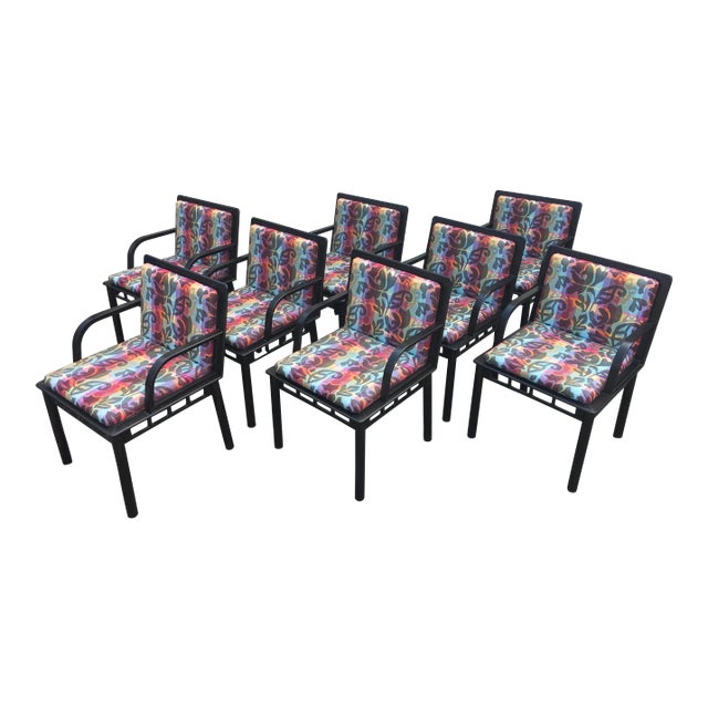 Set of 8 Ettore Sottsass “Bridge” Dining Chairs for Knoll – Postmodern 1988, Original Fabric & Labels For Sale