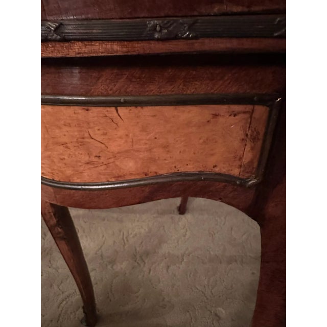 Antique French-Style Writing Desk With Ornate Carvings & Inlaid Wood For Sale - Image 13 of 14