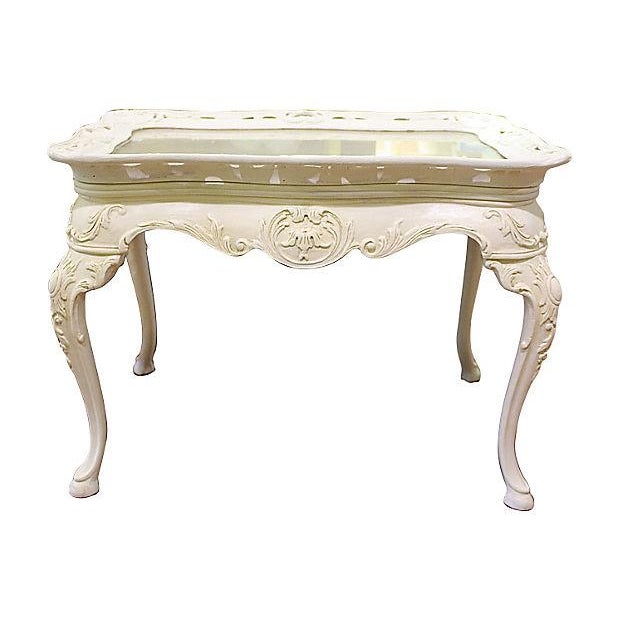 Carved White Coffee Table with Glass Tray | Chairish