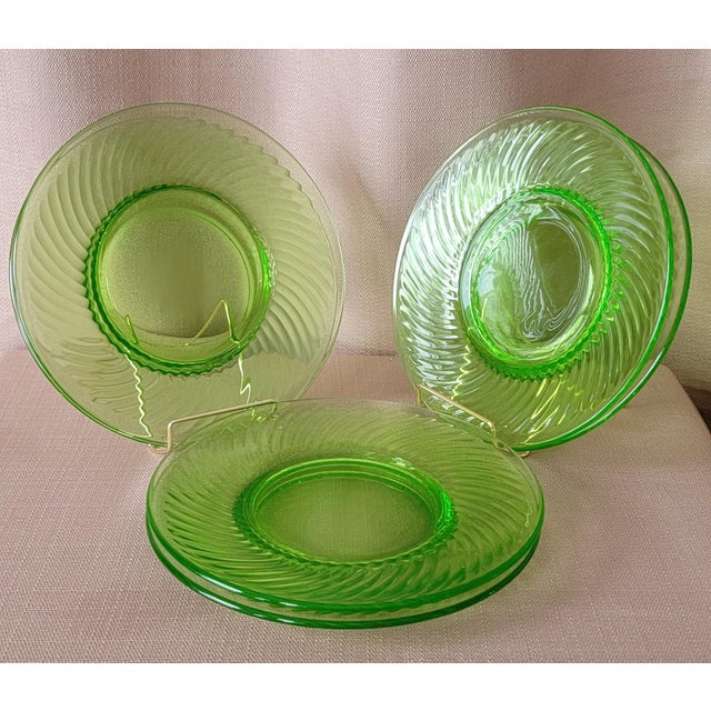 Transparent Green Uranium Glass Salad Plates Set of 6 Early 20th Century For Sale - Image 4 of 18