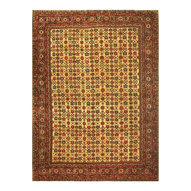 1940s Mid Century Modern Beige Field Floral 4Star Knotted Wool Persian Mahal Rug For Sale