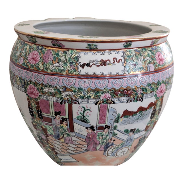 Late 20th Century Large Rose Medallion Hand Painted Koi Fish Bowl or Planter For Sale