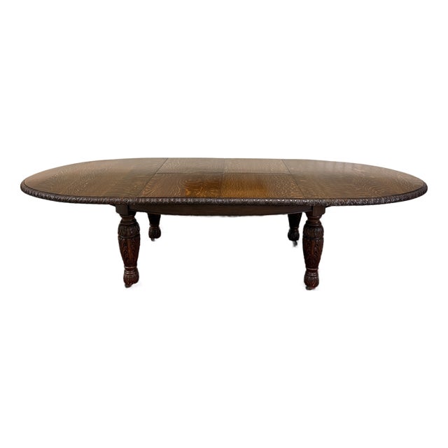 Antique English Butterfly Leaf Oval Carved Dining Table 118" Tiger Oak C1920-30s For Sale