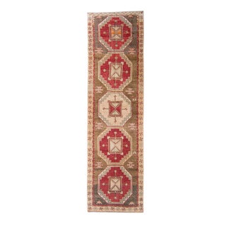 House of Séance - 1960s Vintage Malatya Red Brown Medallion Wool Hand-Knotted Runner - 3'5" X 12'2" For Sale