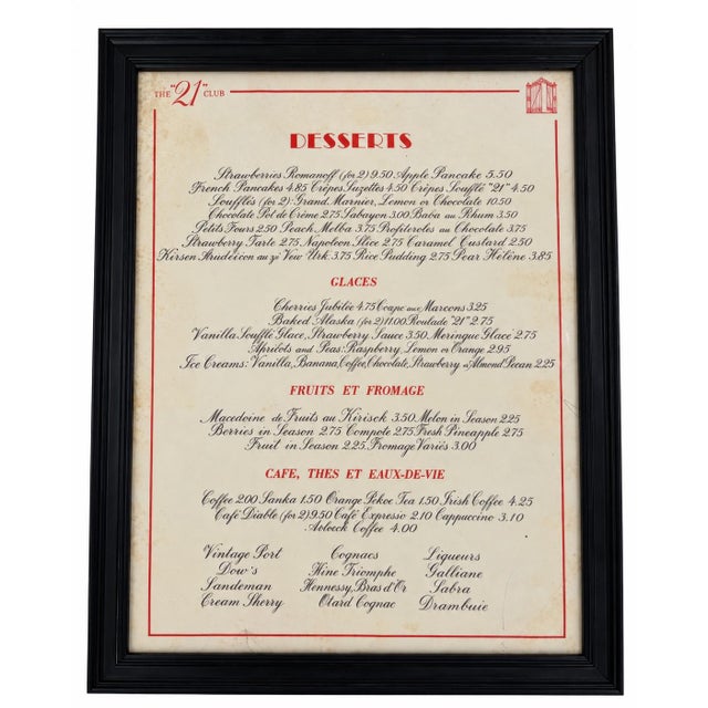 Vintage the 21 Club Nyc Restaurant Framed Dessert Menu New York City For Sale - Image 10 of 10