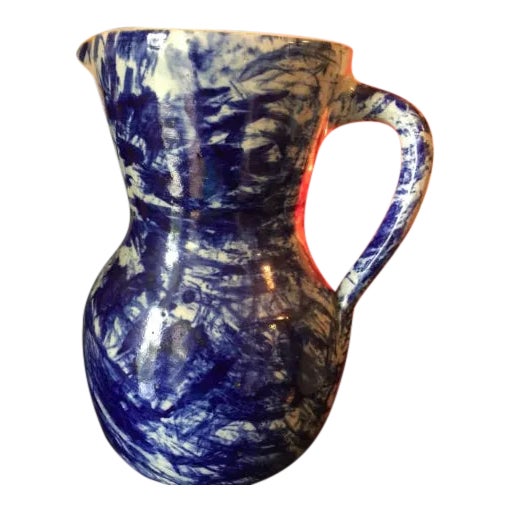 1990s Americana Ceramic Blue and White Pitcher For Sale
