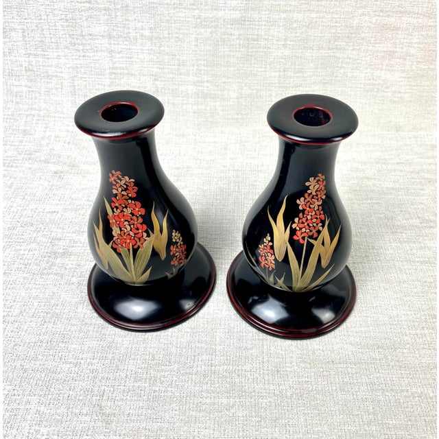 Vintage Lacquerware Candle Holders Candlesticks Floral Motif Signed
