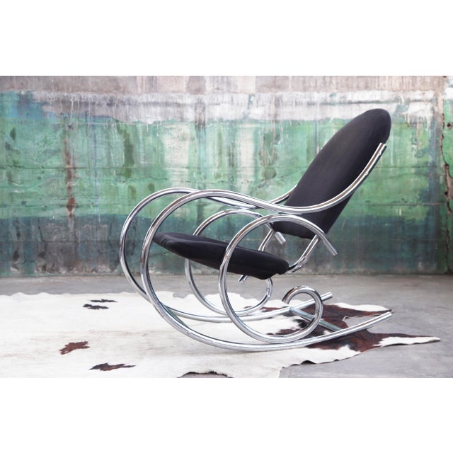 70s Sculptural Chrome + Black Velour Rocking Chair Rocker Manner Milo Baughman For Sale - Image 14 of 14
