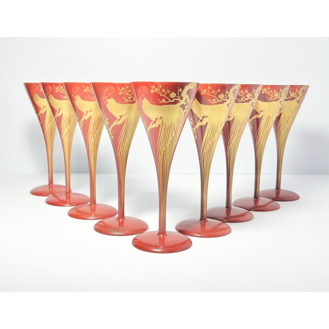 1960s 9 Red Gold Urushi Lacquer Onagadori Rooster Sake Cocktail Glasses 6” 2.5oz Good vintage condition. No major wear,...