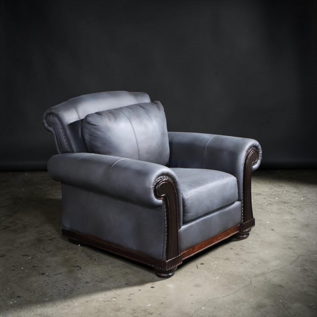 Restored Dark Charcoal Leather Sofa & Club Chair Set – Classic Rolled Arm Design For Sale - Image 9 of 11