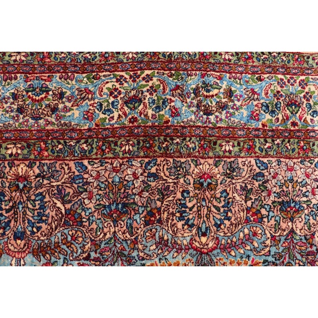 Antique Kerman Rug With Soft Blue Field, Rose Red Medallion and Floral Design 5'10 X 8'6 For Sale - Image 13 of 15