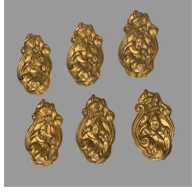 Metal Ornate Antique Victorian Pressed Brass Floral Decorated Curtain Tiebacks- Set of 6 For Sale - Image 7 of 7