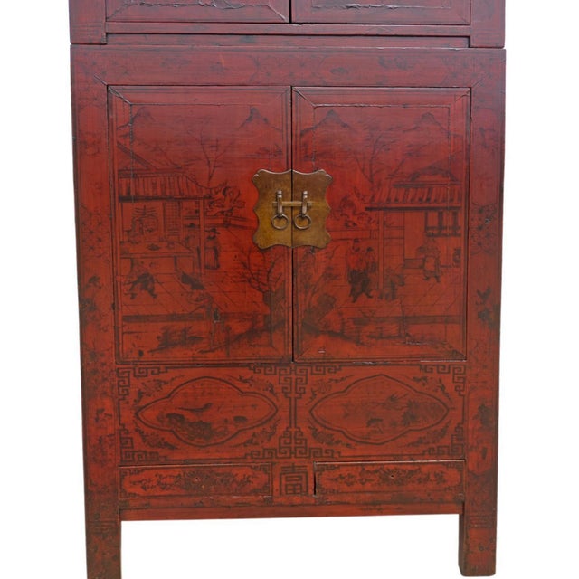 Wood 96" Tall Red Lacquer Antique Chinese Chinoiserie-Style Cabinet For Sale - Image 7 of 8